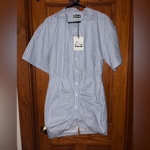 Women’s Medium Short Sleeve Light Blue Striped Midi Shirt Dress